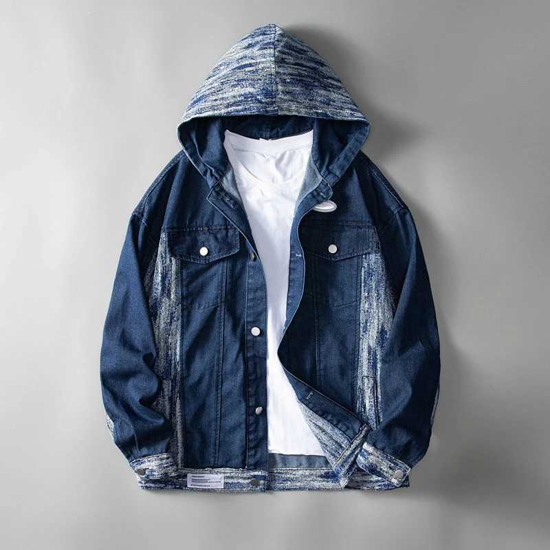Mens Denim Jacket Blue Autumn Male Jean Coats Splicing Hooded with Hat Original Joker Vintage Size L Menswear Elatic Low Price X250113