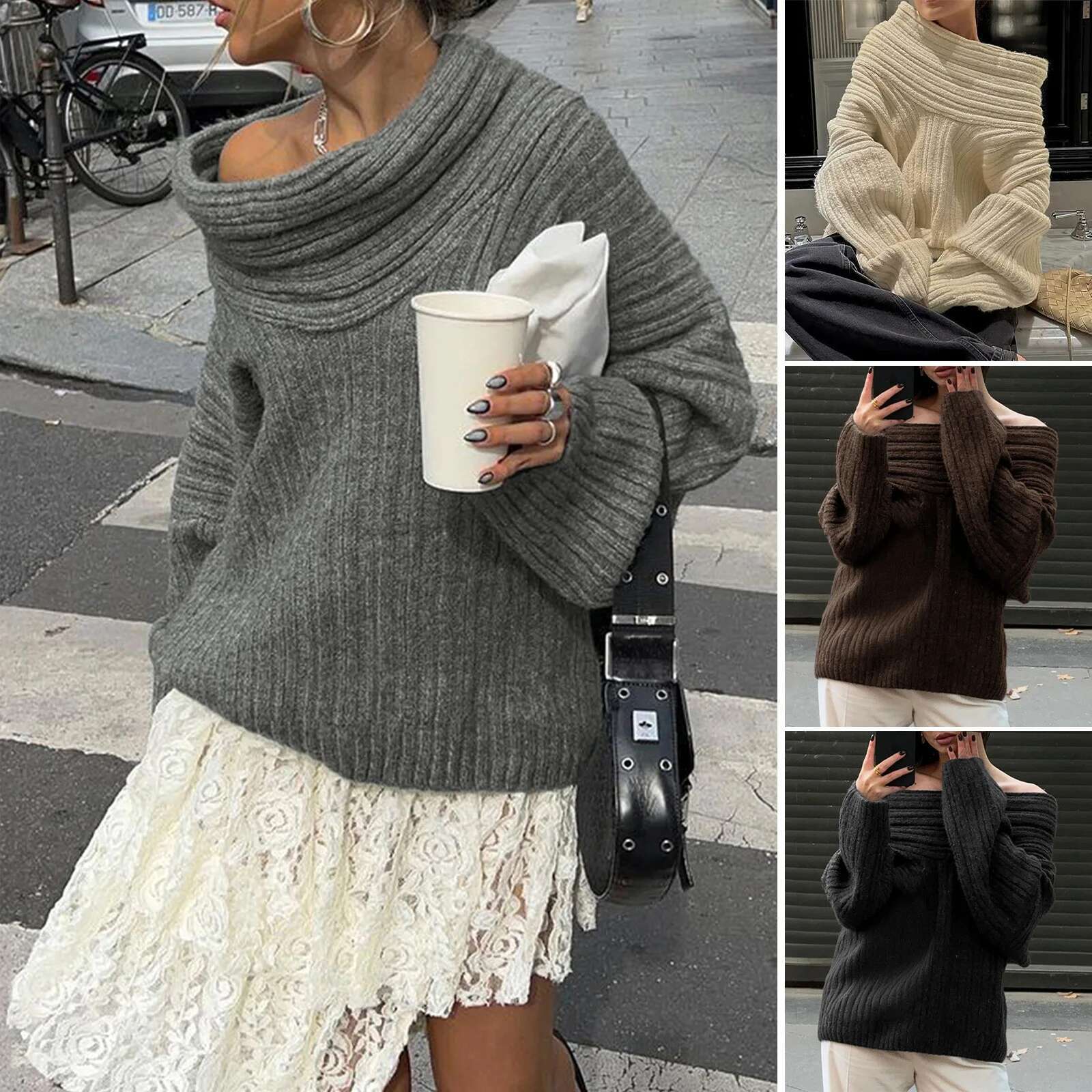 Women Sexy Solid One Neck Ribbed Sweater Fashion Off Shoulder Long Sleeve Knitted Pullover 2024 Autumn Lady Chic Street Knitwear