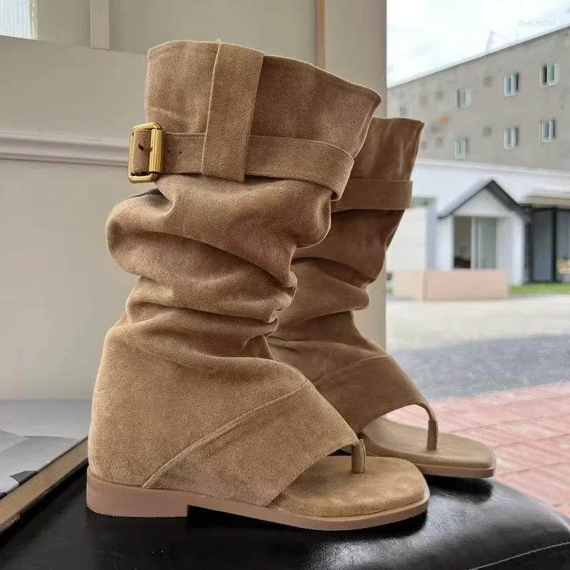 Sandals Girls Khaki Black Suede Square Clip Toe Inner Height Increasing Belt Buckle Leisure Knee High Boots Women Summer Shoes 2025
