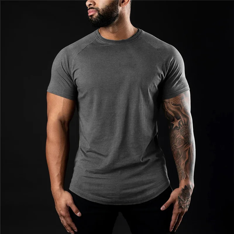 Plain Gym Tshirt Men Summer Fitness Clothing ONeck Short Sleeve T shirt Cotton Slim Fit Bodybuilding Workout Tees Tops 250113