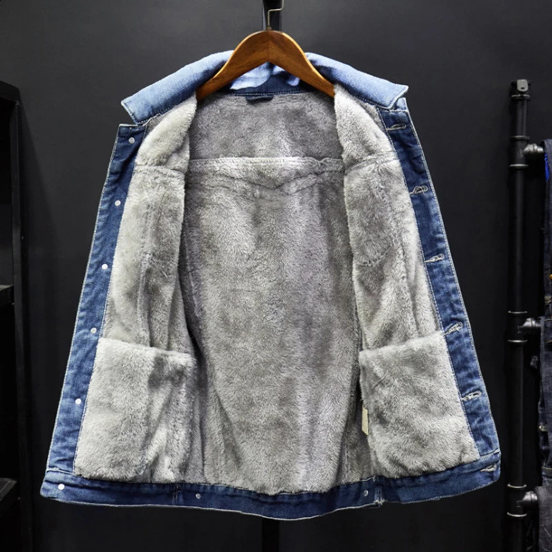 Fall Winter Fleece Liner Denim Jackets Mens Vintage Buttonup Turndown Collar Jean Coats For Men Streetwear Fashion Outerwear 250110