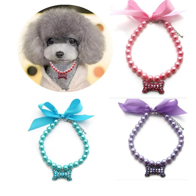 Princess Dog Cat Pearls Necklace Collar with Rhinestones Charm Pet Puppy Jewelry Female Puppy Chihuahua Yorki