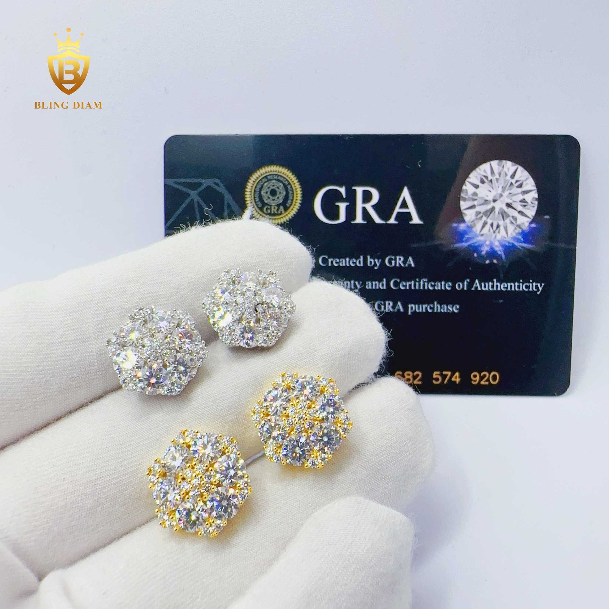 Blingdiam Moissanite Jewelry hip hop flower earrings 925 sterling Silver stud Earrings with GRA