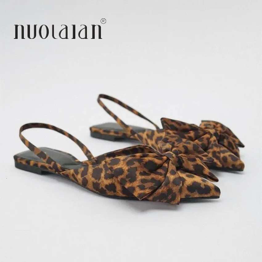 Womans Slippers Leopard Print Flat Shoe Casual Pointed Toe Sweet Bow Sgbacks Flats Woman Comfortable Slip On Single Shoes