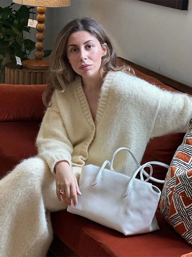 2024 Chic V-neck Mohair Cashmere Cardigan 2 Piece Set Women Elegant High Waist A-line Solid Skirt Suit Lady Fashion Knitwear 250109