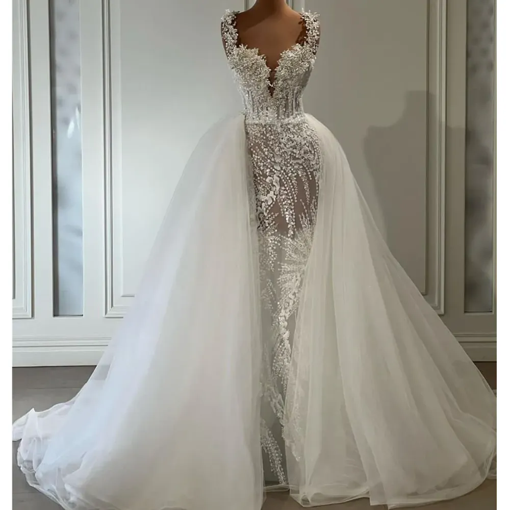 Mermaid Exquisite Wedding Dresses Sleeveless V Neck Straps Appliques Sequins Ruffles Detachable Train Pearls Or Length Bridal Gowns Custom Made