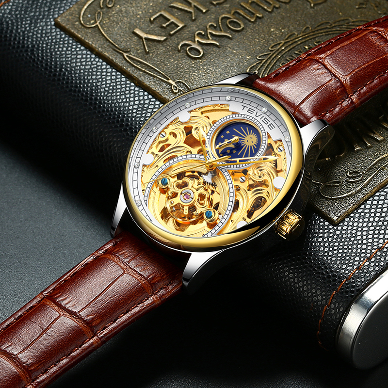 TEVISE Designer Watch Automatic Mechanical Watch Tourbillon Moon Phase Automatic Hollow Mechanical Men's Waterproof Watch T061-T820A