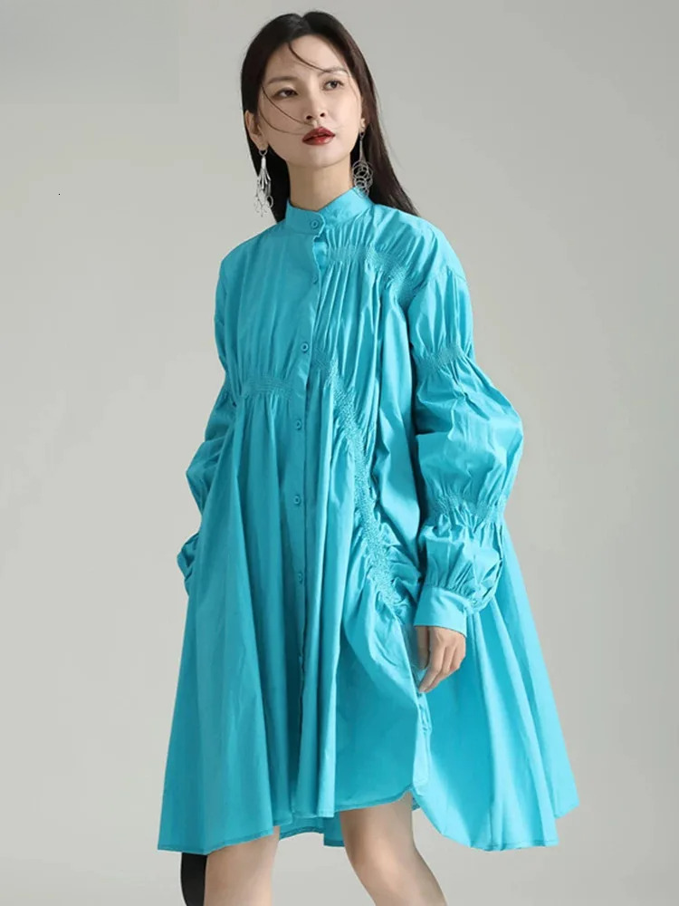 Women Blue Irregular Pleated Big Hem Shirt Dress New Stand Neck Long Sleeve Loose Fashion Tide Spring Autumn 2025 1Df9549