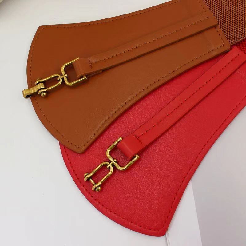 Chic Elegant Female Accessory: Wide Elastic Belts Featuring Unique Buckles & Pseudo Leather Finish Ideal for Outerwear Coordination