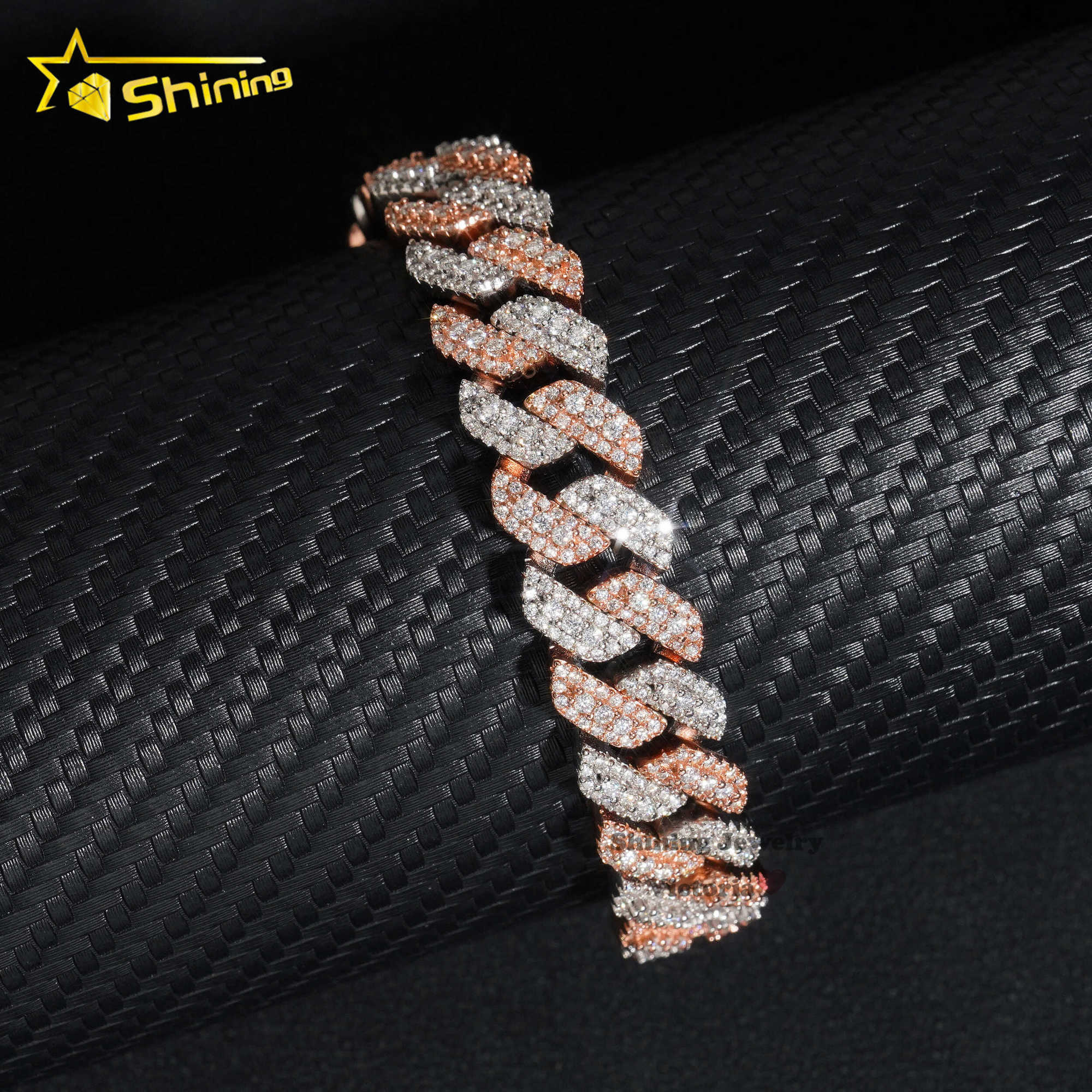 Rose gold plated two tone iced out 13mm 925 sterling silver pass diamond tester hip hop jewelry vvs moissanite cuban link chain
