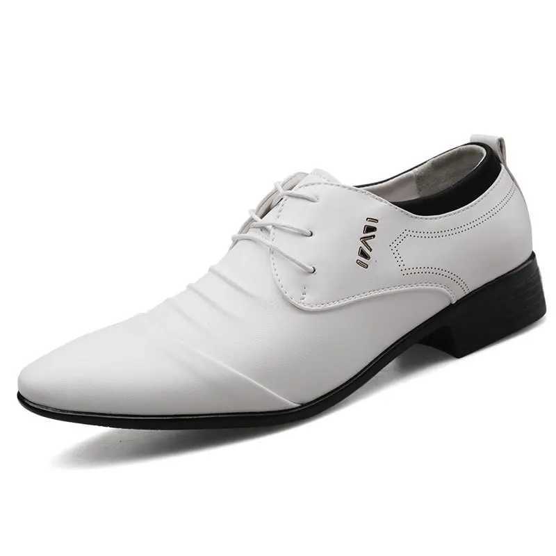Classic mens shoelaces white leather shoelaces mens plus size dot toe business casual mens wedding shoesXJ250319