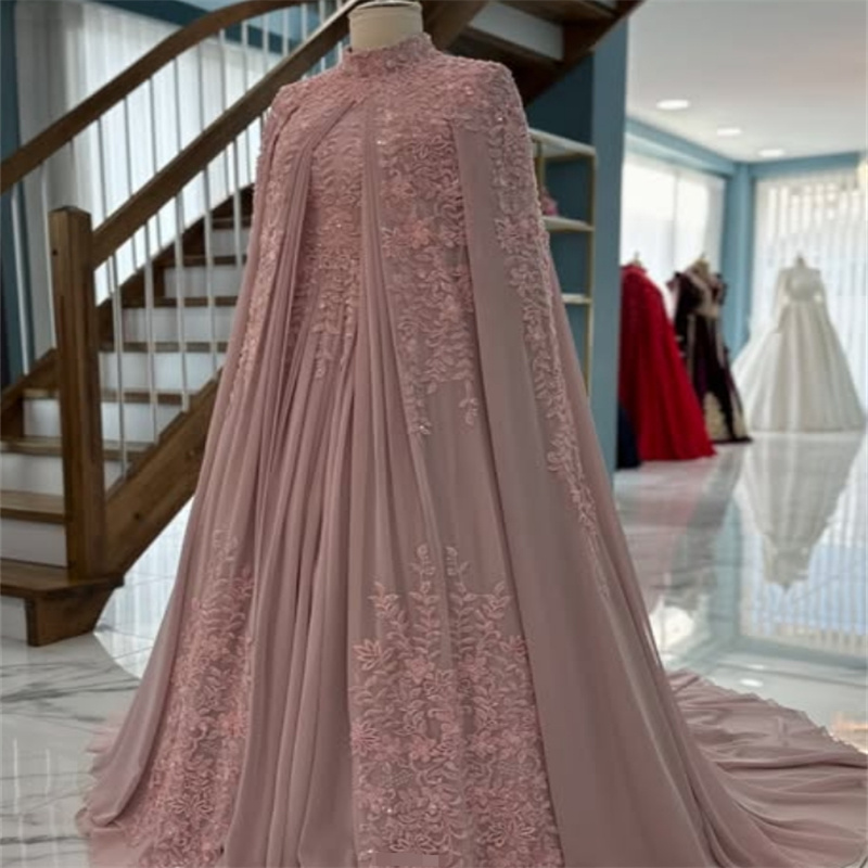 Dusty Pink Muslim Wedding Dress Arabian Moroccan Traditional Ingush Bride Dress Caftan Applique Islamic Sukienka Civil Saudi Arabic Bridal Gowns 2025 