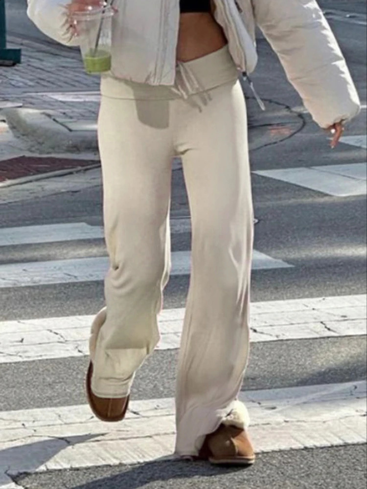 Solid Drawstring Low Waist Straight Pants Women Basic Casual Jogger Sweatpants 250102