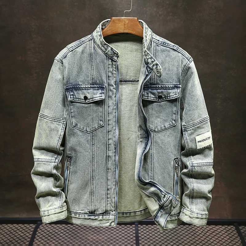 Retro blue high-end retro worn looking washed-out denim clothing for men 2024 fashion street motorcycle slim-fit zipper jacket X250113