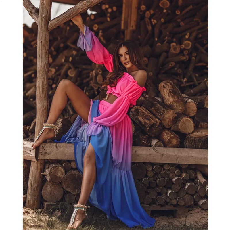 Women Long Sleeve Bikinis Cover ups Swim Long Cover up Tie-Up Crop Tops High Waist Long Skirt Kaftan Beach Tunic Dress 250109