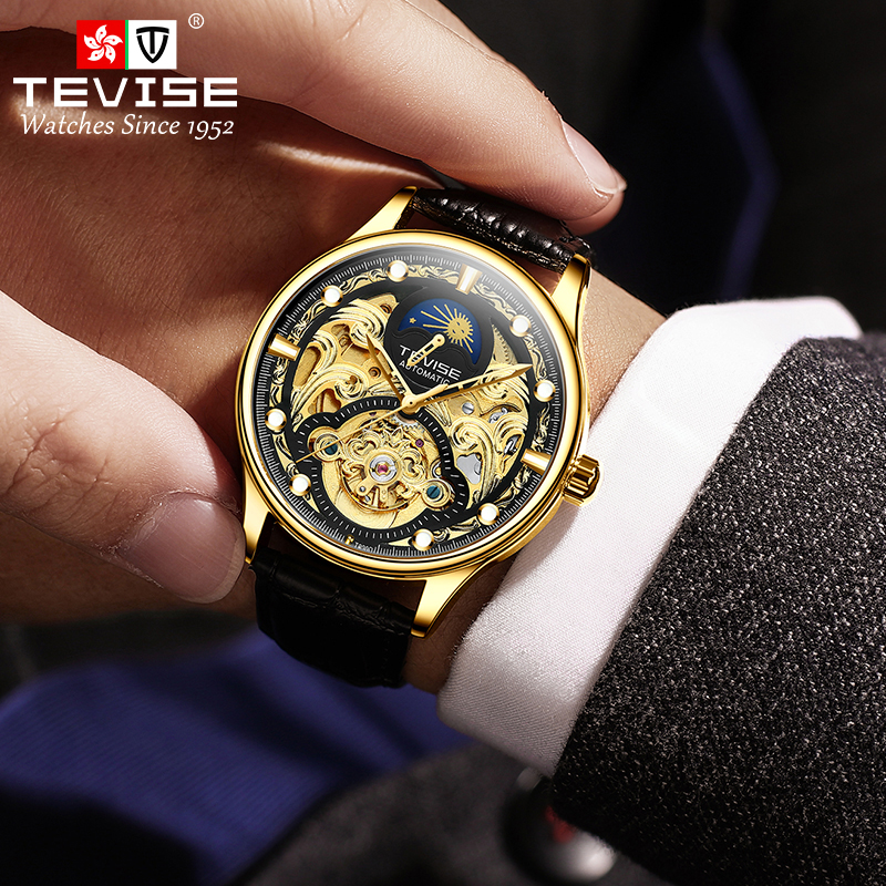TEVISE Designer Watch Automatic Mechanical Watch Mens Watch Hollowed-out MoonWatch Business and Casual Leather Strap Waterproof Function T064-T820D