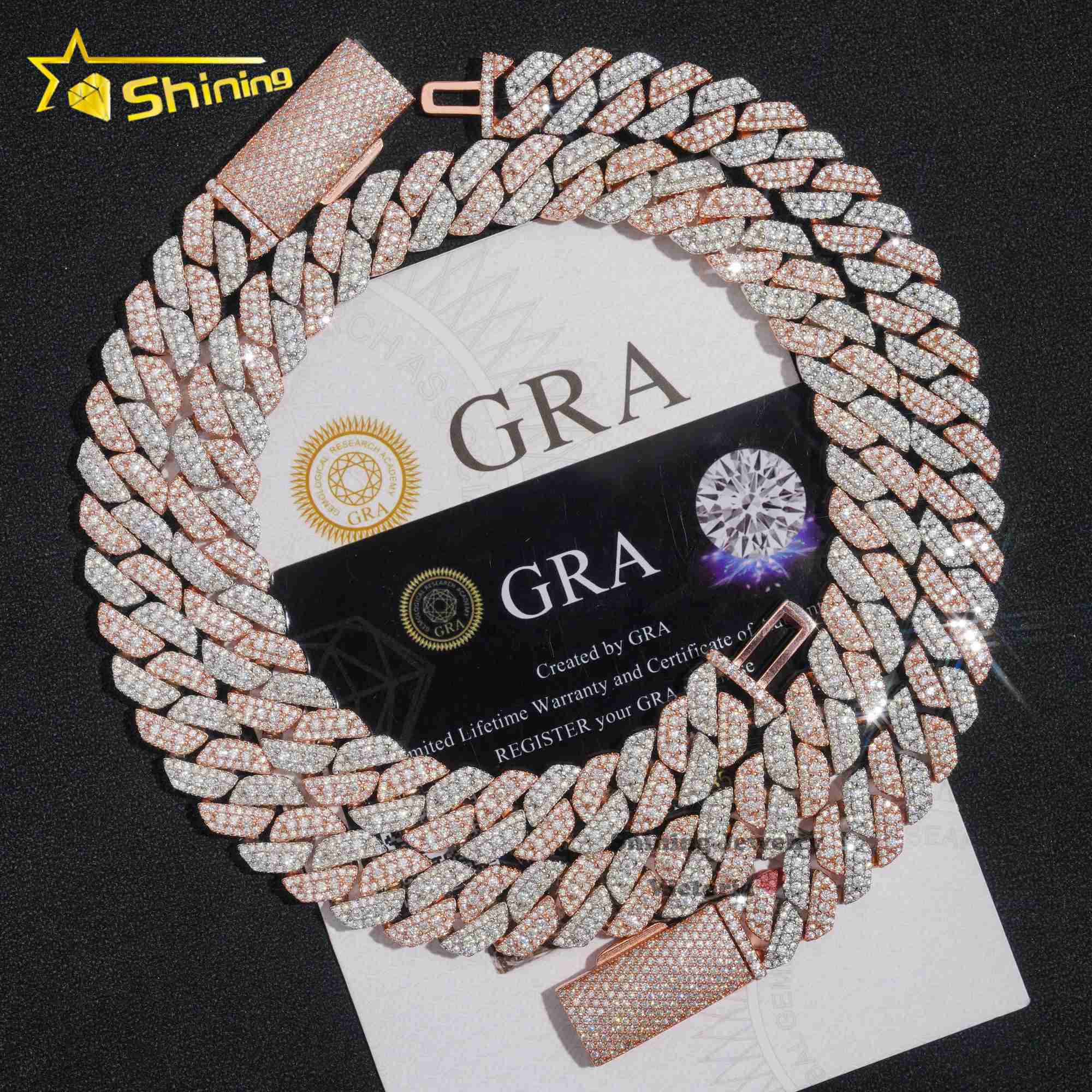 Rose gold plated two tone iced out 13mm 925 sterling silver pass diamond tester hip hop jewelry vvs moissanite cuban link chain