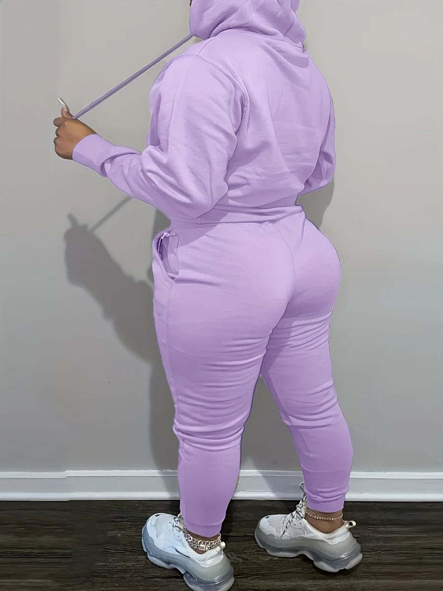LW Plus Size Fleece Plain Two Pieces Pants Suits Autumn Winter Thickened Hooded Collar Kangaroo Pocket Drawsting Tracksuit Set y250122