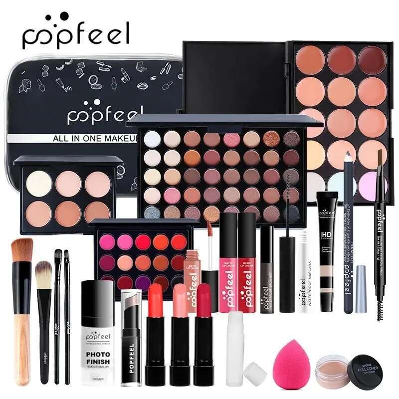 POPFEEL Complete Makeup Set - 24pcs -Warm Brown Tone Lip, Eye Face Makeup, in Long-lasting Paste Form, Gift for Women & Girls