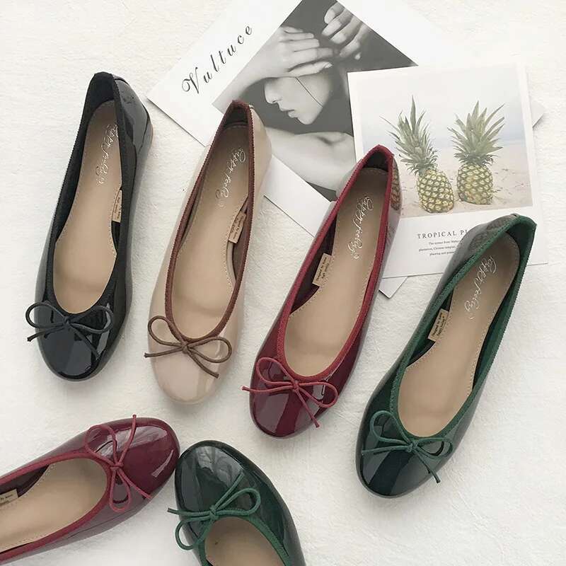 Spring Autumn Bowtie Ballet Flats Round Toe Japanned Leather Ballerina Shoes Strings Bow Moccasins Women Slip On Loafers