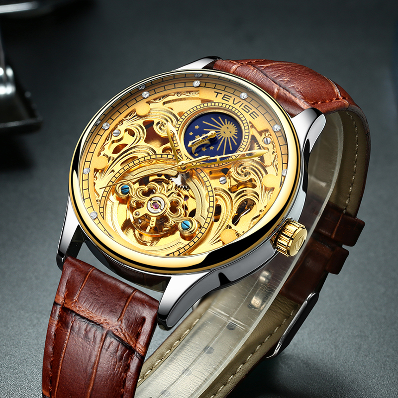 TEVISE Designer Watch Automatic Mechanical Watch Tourbillon Moon Phase Automatic Hollow Mechanical Men's Waterproof Watch T061-T820A