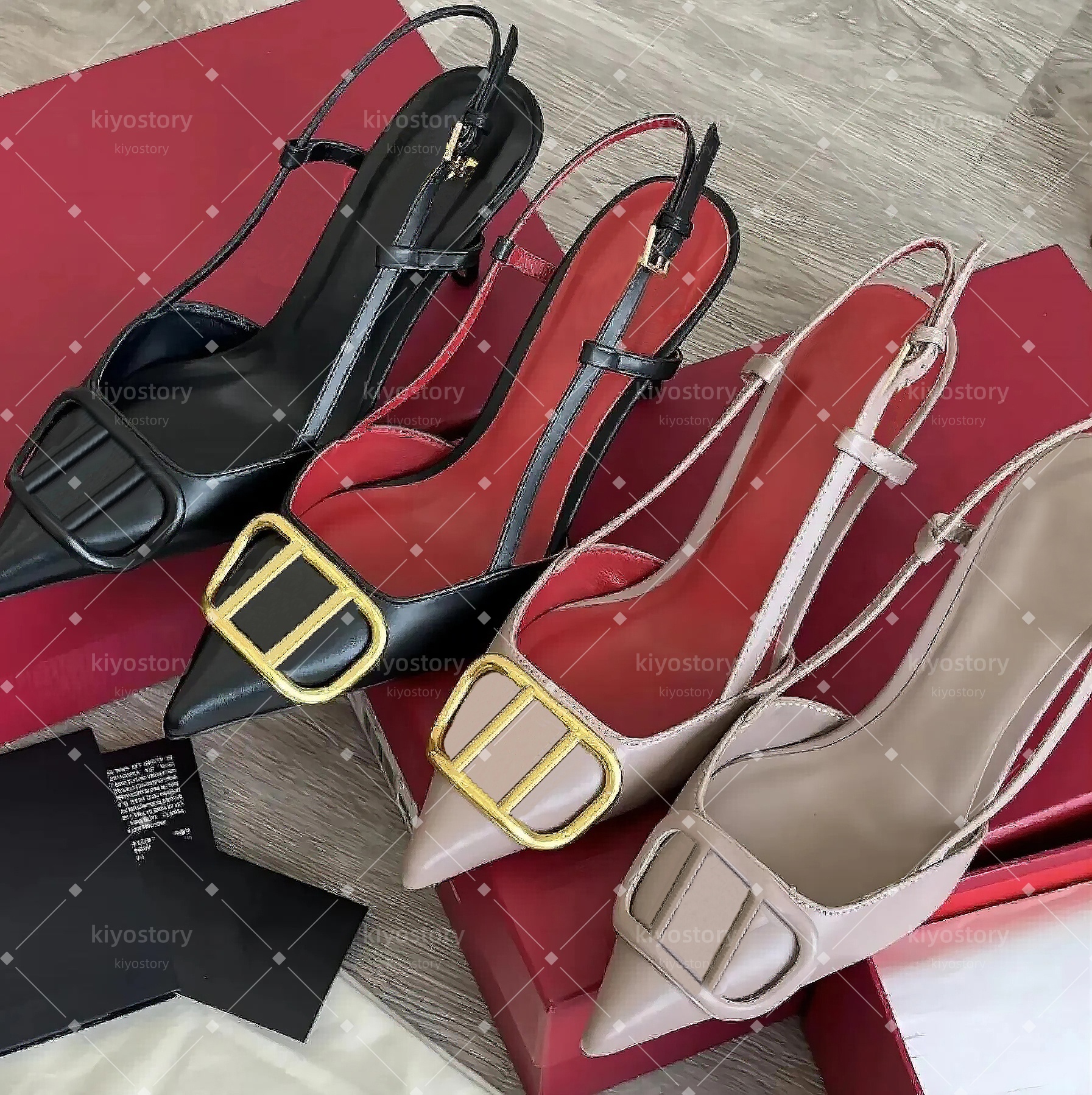 Designer heels Women Sandals slingback heels High Heels classics Metal V-Buckle Pointed Toe slim heels summer Leather flat sandals Dress shoes Pumps shoes size 35-42
