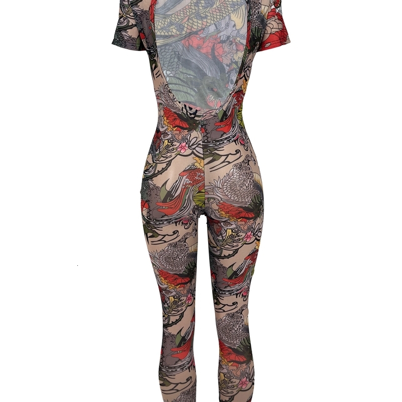 Womens Sexy Jumpsuit Backless Fashion Bodysuit Backless Pattern Printed Transparent Mesh Clubwear Bodycon Jumpsuits for Women Amp Rompers
