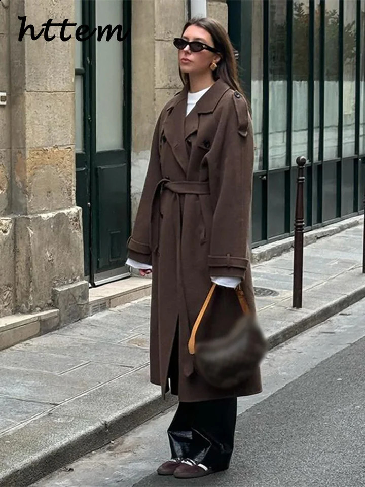 Street black long trench coat womens loose lapel double breasted full sleeved coat autumn and winter womens coat 250108