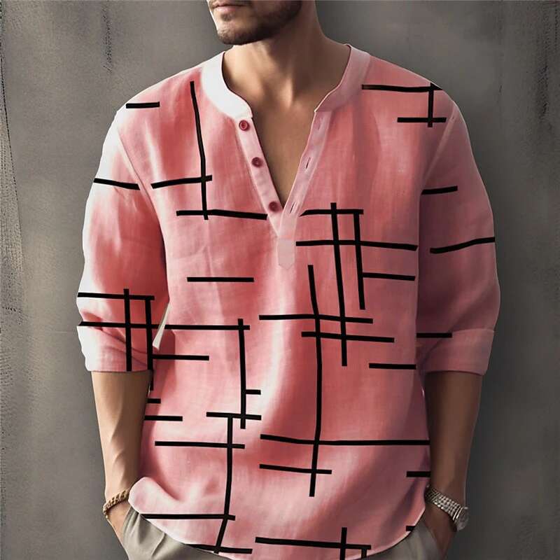 Abstract Striped 3D Printed Henry Shirt Men's Fashion Streetwear Oversized Button Long Sleeved Designer T-shirt T-shirt Top Men's Clothing