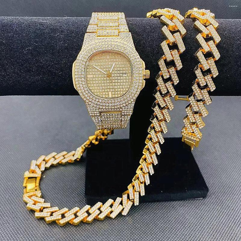 Wristwatches Hip Hop Jewelry Set Iced Out Watch Men Necklaces Bracelet Miama Cuban Chain Choker Fashion Luxury Gold Male Wholesale