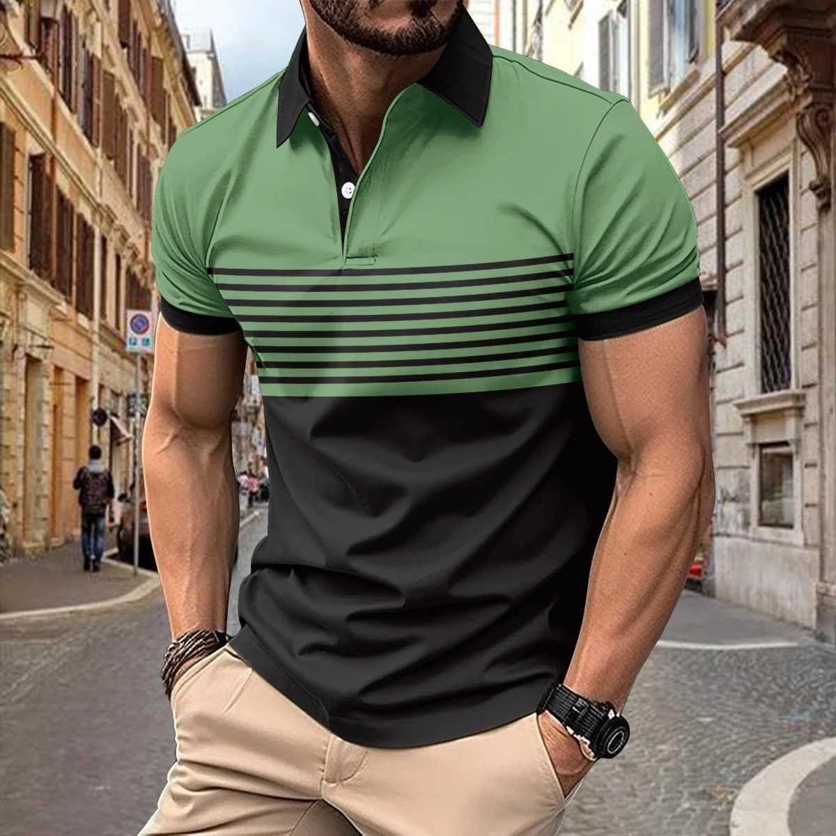 High Quality Mens Polo Shirt Polyester Casual Beach Polo Shirt Summer Comparison Stripe Printed Mens Polo Shirt T250113