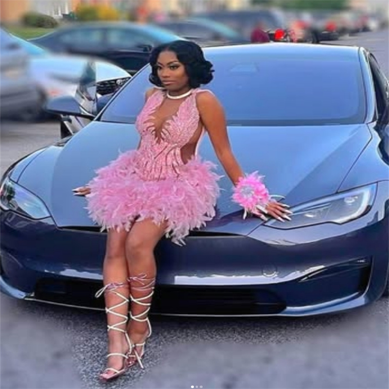 Luxury Pink Baddie Prom Dress Sexy Feather Short Cocktail Dress Sequin Evening Black Girls Birthday Dress Party Wear South African Formal Occasion Dre