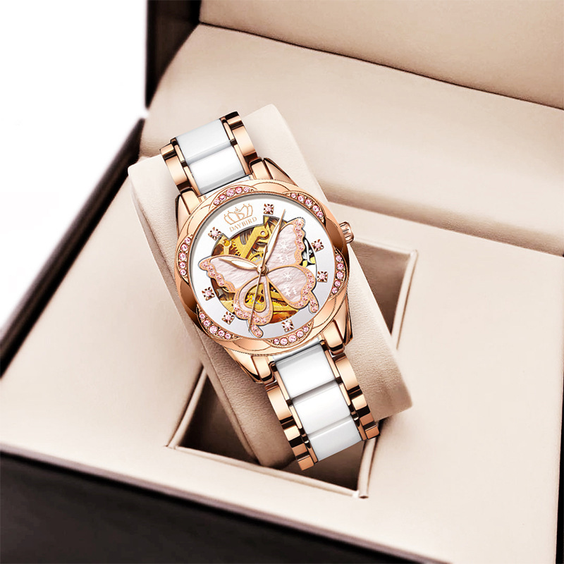 Women's Elegant Ceramic Strap Watch with Butterfly Skeleton Design