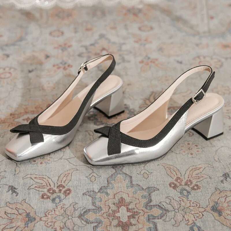 Chunky Sandals Bow Hollow Mules Pumps Female Comfort Fashion Sgback Elegant Brand Mary Jane Shoes Women