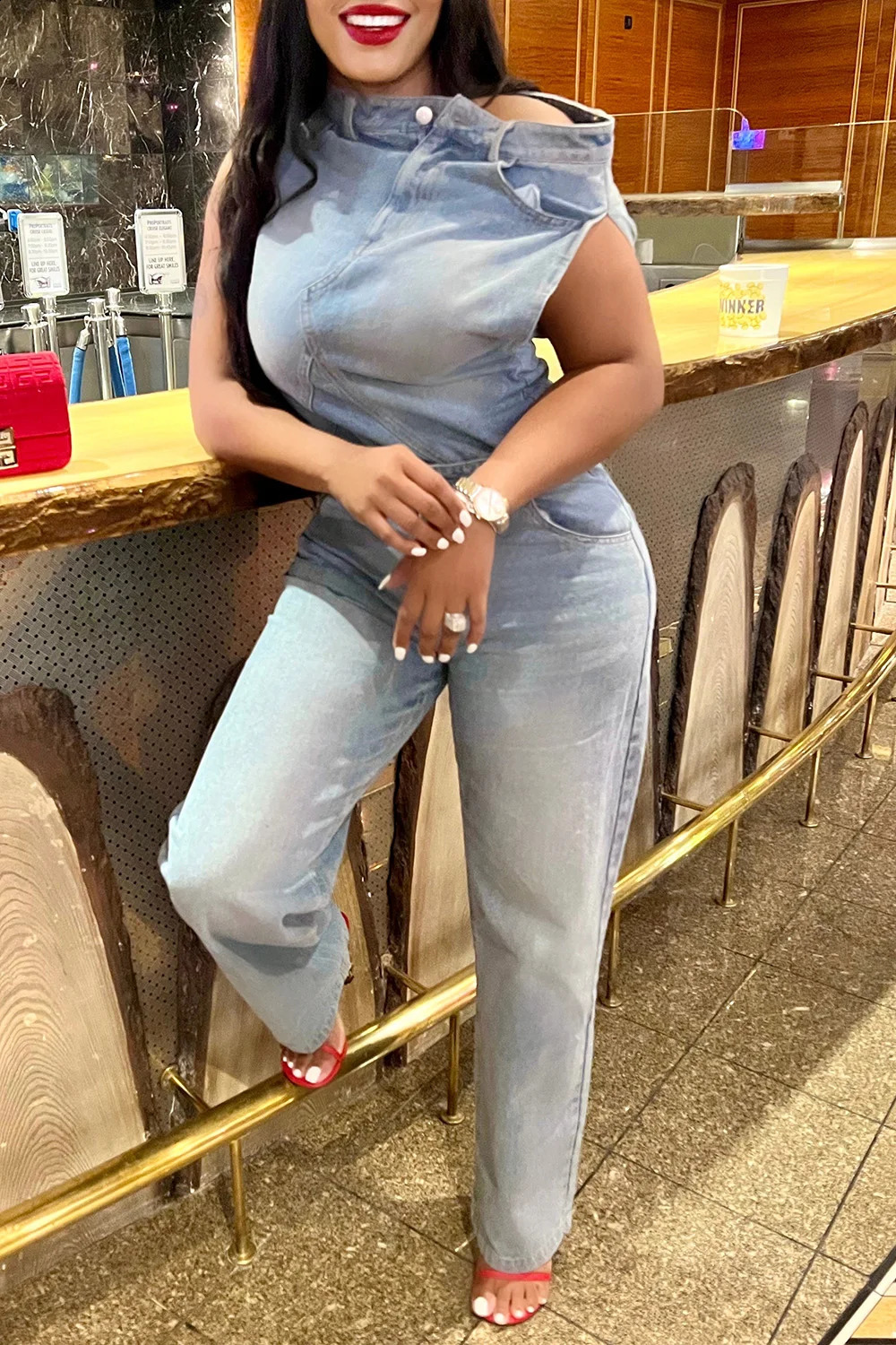 Plus Size Blue Daily Denim Asymmetrical Sleeveless Two Piece Pant Sets 250106