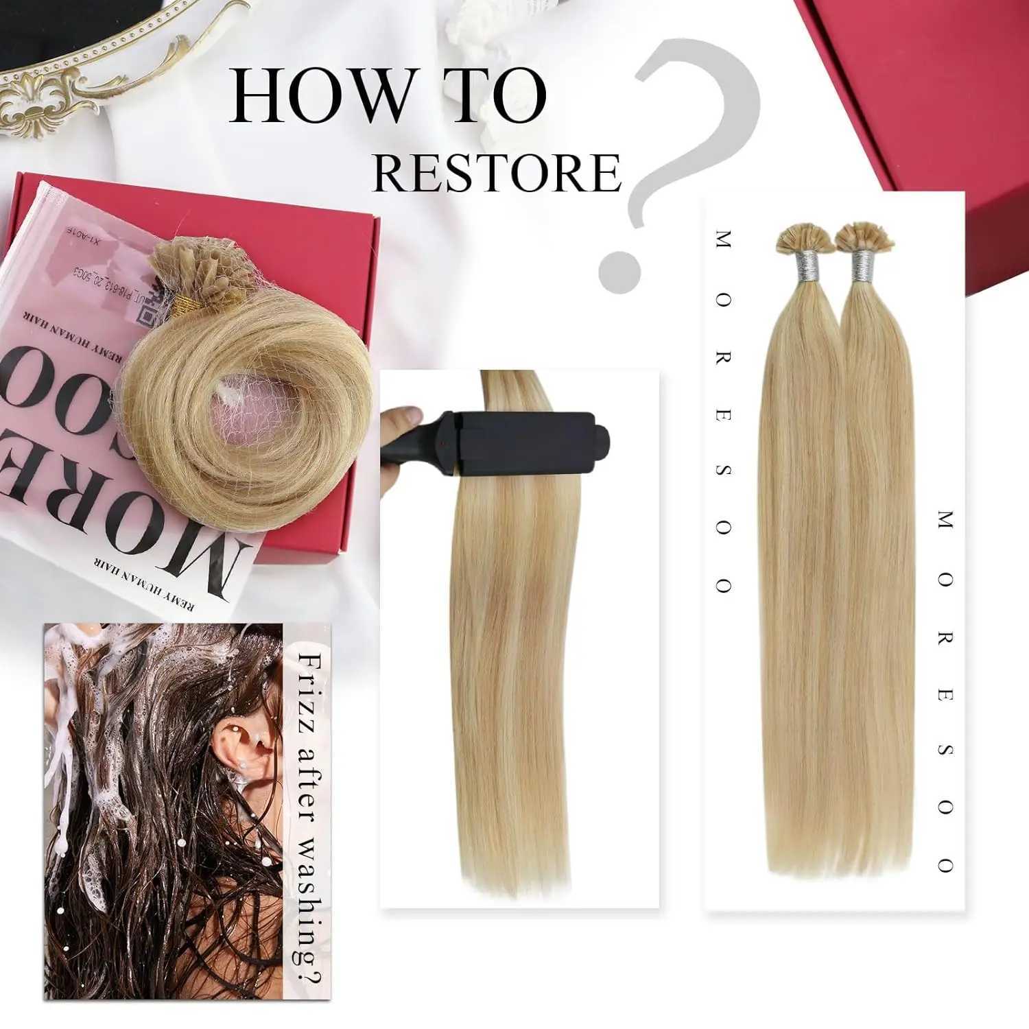 Moresoo U-shaped pointed hair extension machine Remy human hair pre bonding fusion straight 50G 00% human hair nail keratin hair W250113