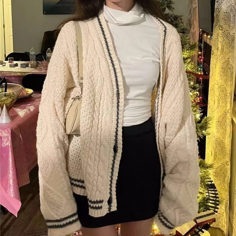 Winter Loose Knitted Cardigans Coat Star y Y2K Women Sweaters Streetwear Vintage Casual Single Long Sleeve Top 250113