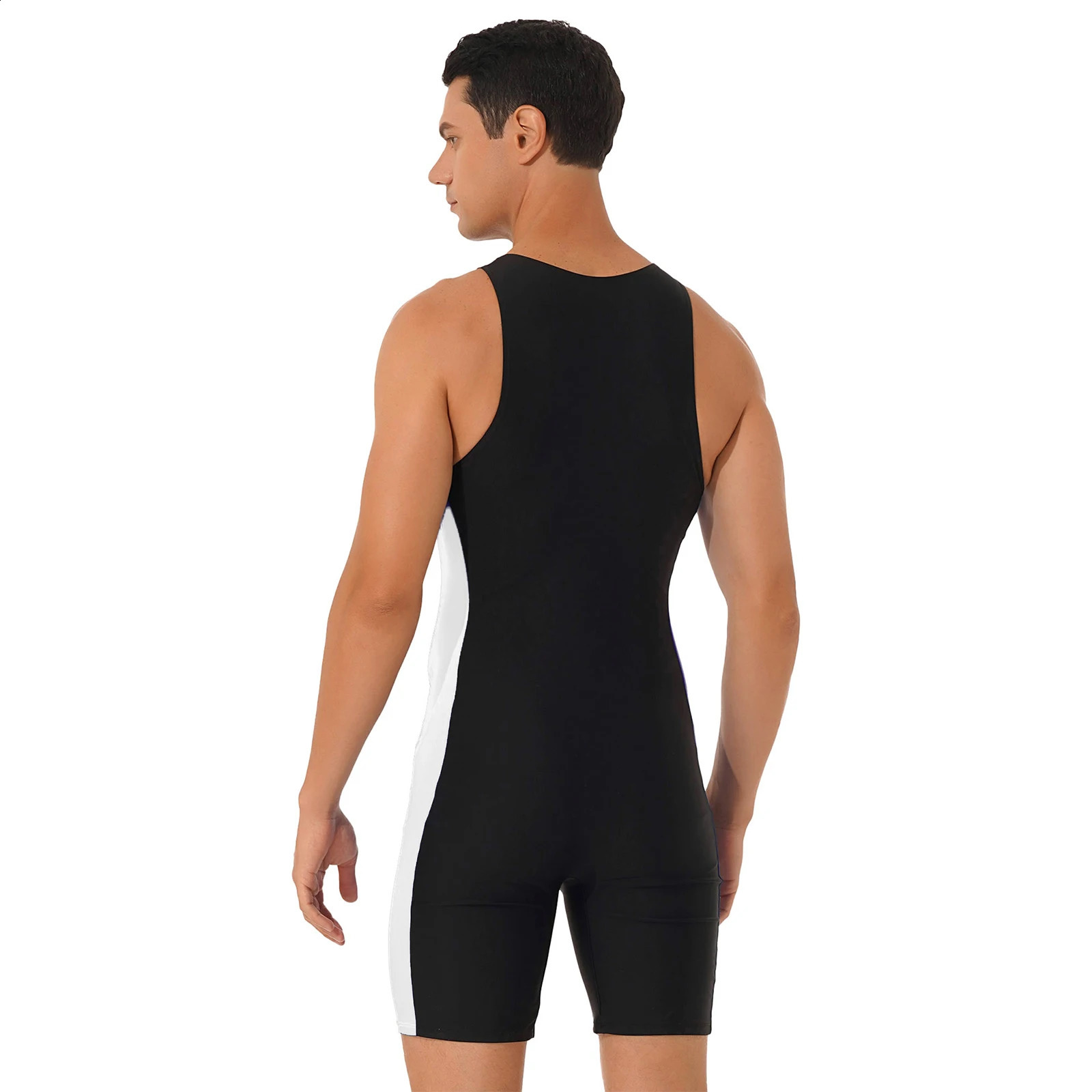 Mens Swimwear One-piece Wetsuit Swimming Bathing Suit Round Neck Sleeveless Side Shorts Bodysuit Triathlon Front Zipper Swimsuit 250108