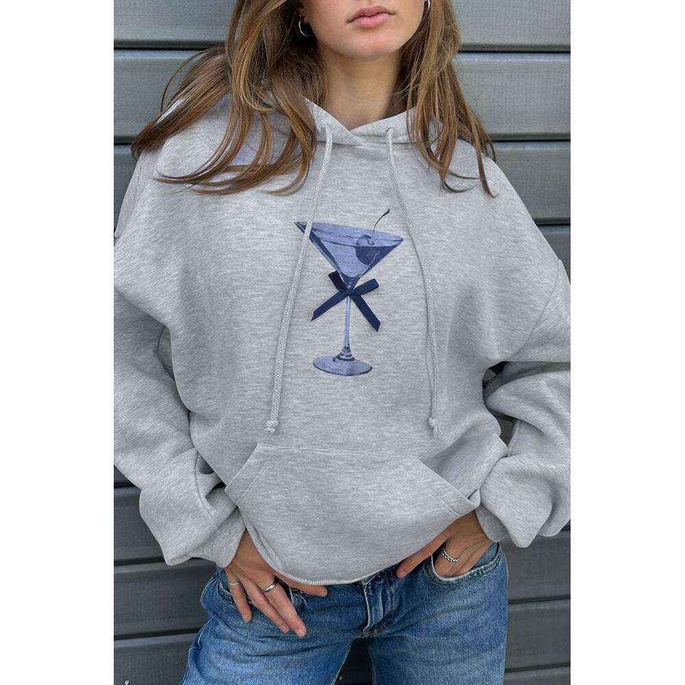 New women's patterned bow red wine glass pullover top long sleeved round neck hooded sweatshirt