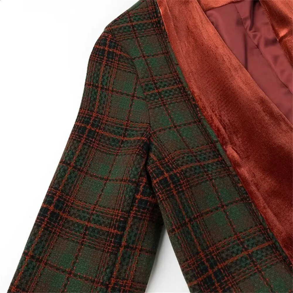 AutumnWinter Womens Casual Fashion Versatile Collar Pocket Checkered Wool Long Coat 250102