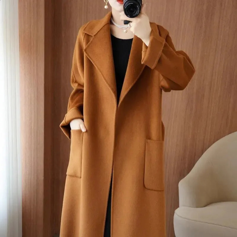 100% Pure Wool DoubleSided Cashmere Coat Women Winter MidLength Loose Fashion Pockets Woolen Jacket Female Overcoat B551 250102
