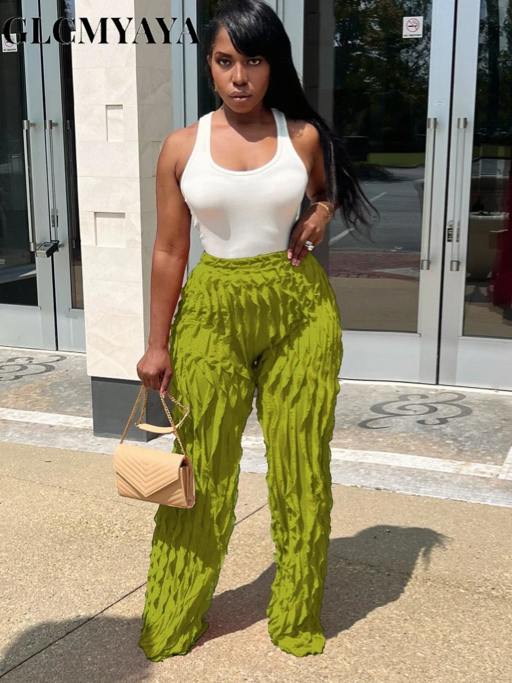 GLCMYAYA Women Wave Ruffles Wide Leg Pants Female Fashion Streetwear Elasitc High Waist Sweatpants Trousers 250102