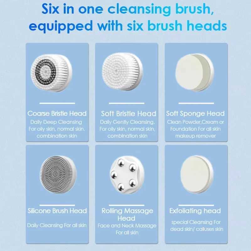 6-In-1 Electric Facial Cleanser Scrub Silicone 3-Speed Cleansing Brush For Acne Blackhead Pore Cleaning Home Beauty DeviceXJ250113