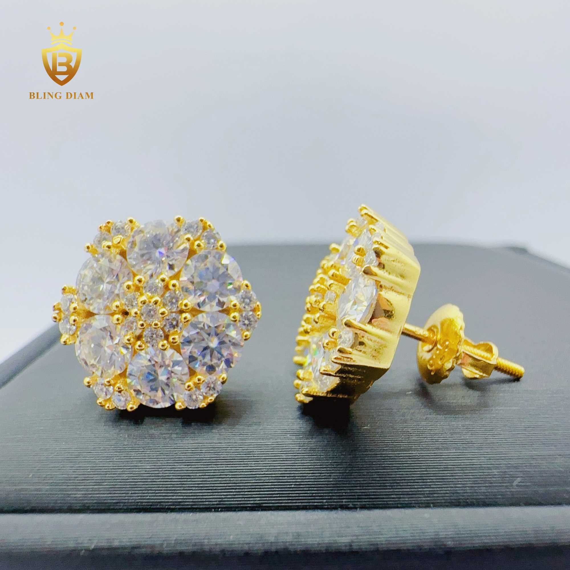 Blingdiam Moissanite Jewelry hip hop flower earrings 925 sterling Silver stud Earrings with GRA