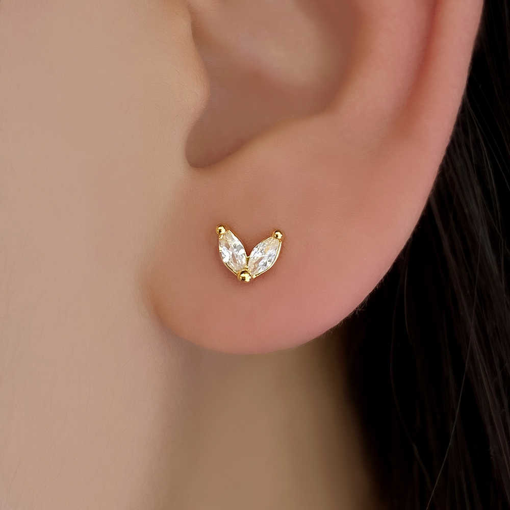Korean Trendy Designer 18K Gold Plated Waterproof Tiny Cubic Zirconia Leaf Stud Earrings