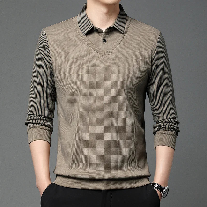 Spring Autumn Long Sleeved Two Piece Mens Clothing Casual Collar Bottom Shirt Simplicity Allmatch Korean Trend Tops 250113