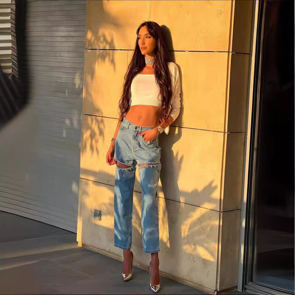 designer jeans baggy jeans womens designer 's bestselling blue perforated straight leg women's 2024 spring/summer jeans 59d