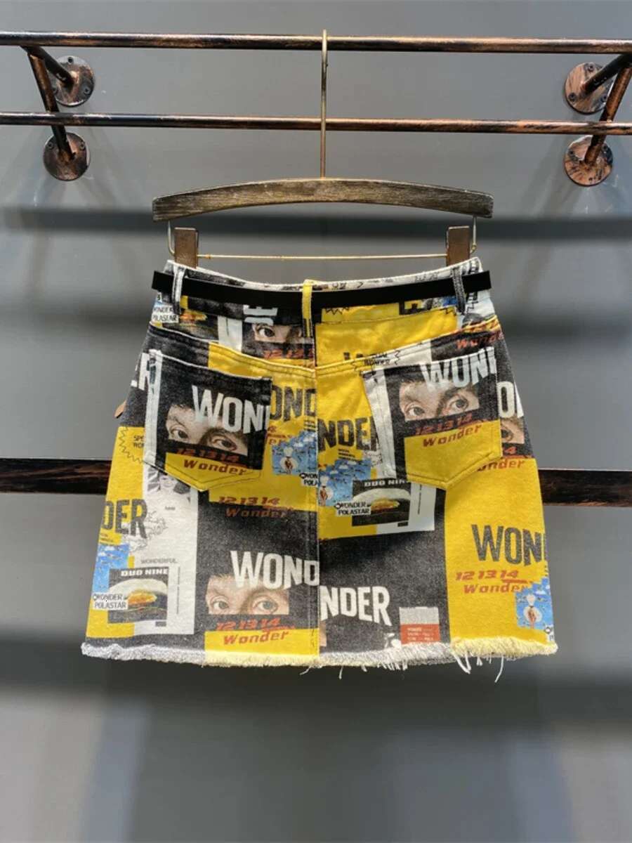 Korean Style Mini High Waist A- E Slim-Fit Sheath Skirt Female Summer Fashion Printed Pattern Denim Skirts For Women