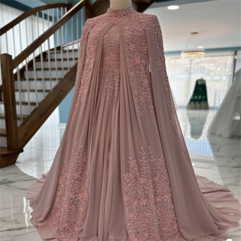 Dusty Pink Muslim Wedding Dress Arabian Moroccan Traditional Ingush Bride Dress Caftan Applique Islamic Sukienka Civil Saudi Arabic Bridal Gowns 2025 