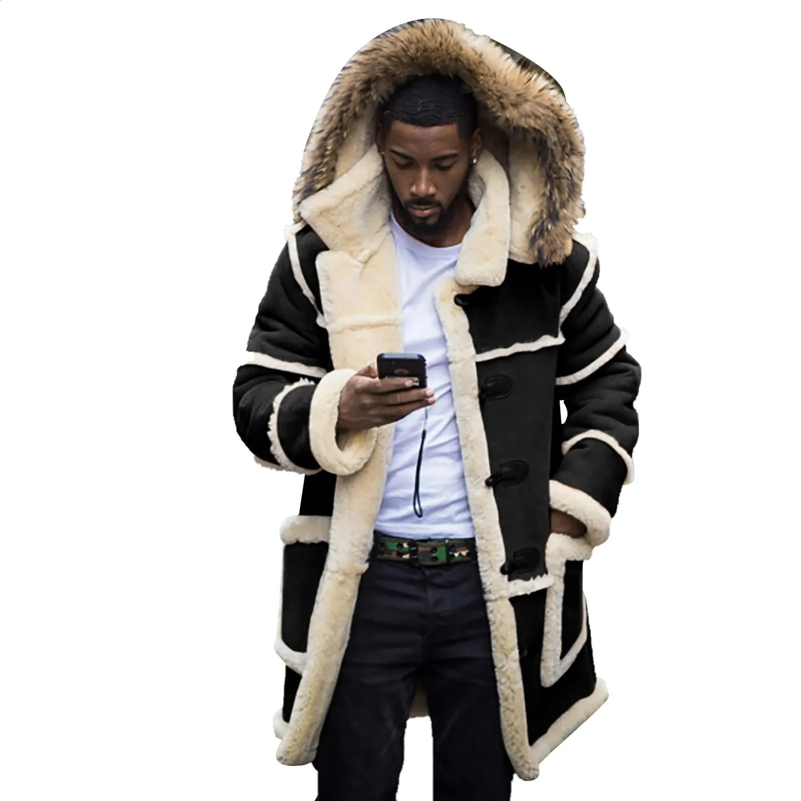 Men Lamb Fur Hooded Jacket Punk Warm Windproof Leather Coat Winter Fashion Padded Long Top Cardigans Windbreaker 250107